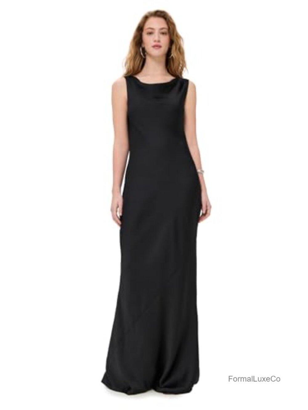 Sleeveless Low Back Drape Gown, Satin, Maxi Formal Dress